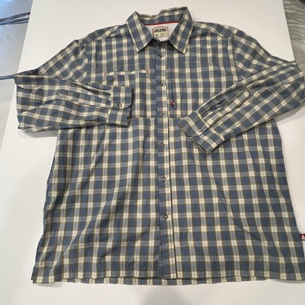 Lake & Trail XL Plaid Long Sleeve Outdoor Fishing Shirt Blue Tan Vented Back